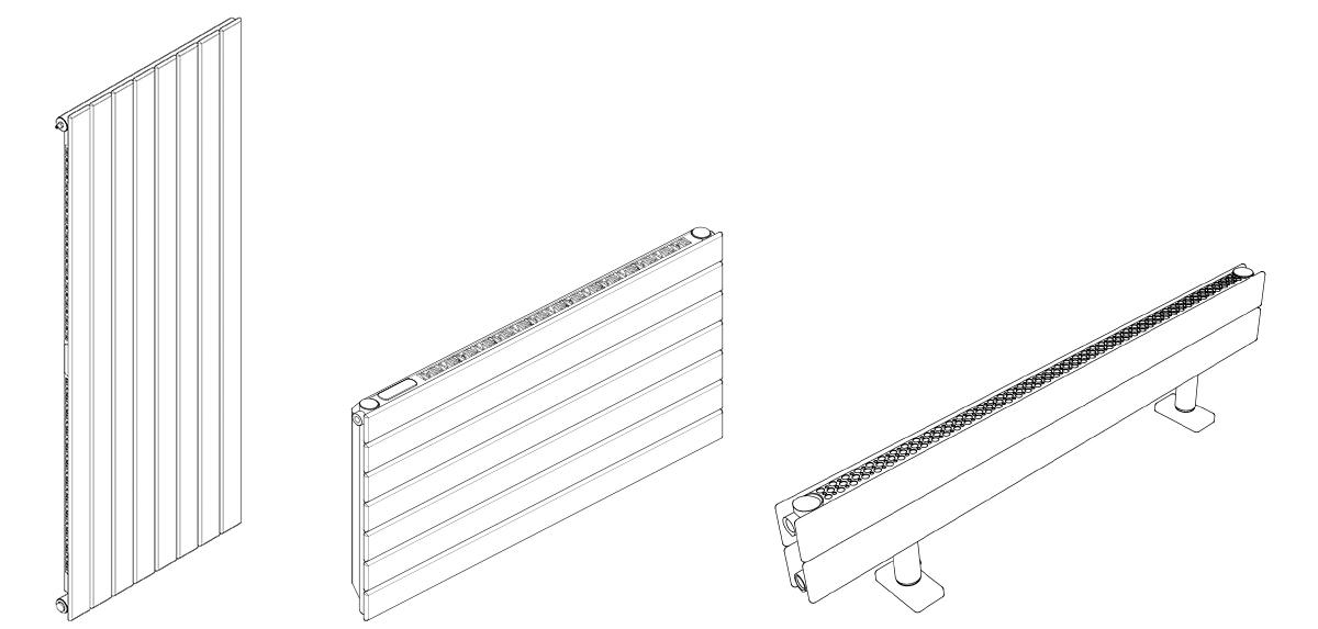 Illustration des formats standard de radiateur : Vertical, Horizontal et Plinthe